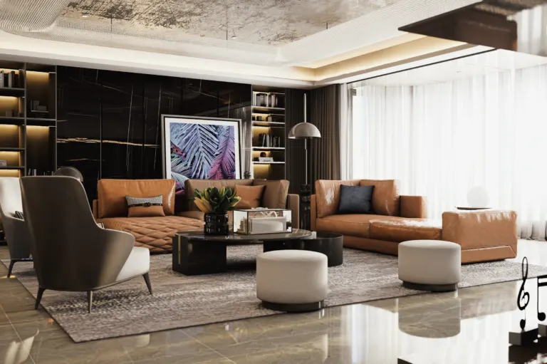 Elegant living room with layered lighting and leather furniture