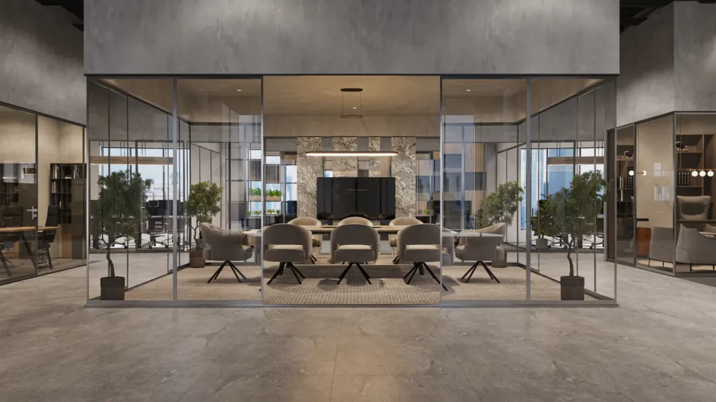 Glass-walled meeting room in a modern office