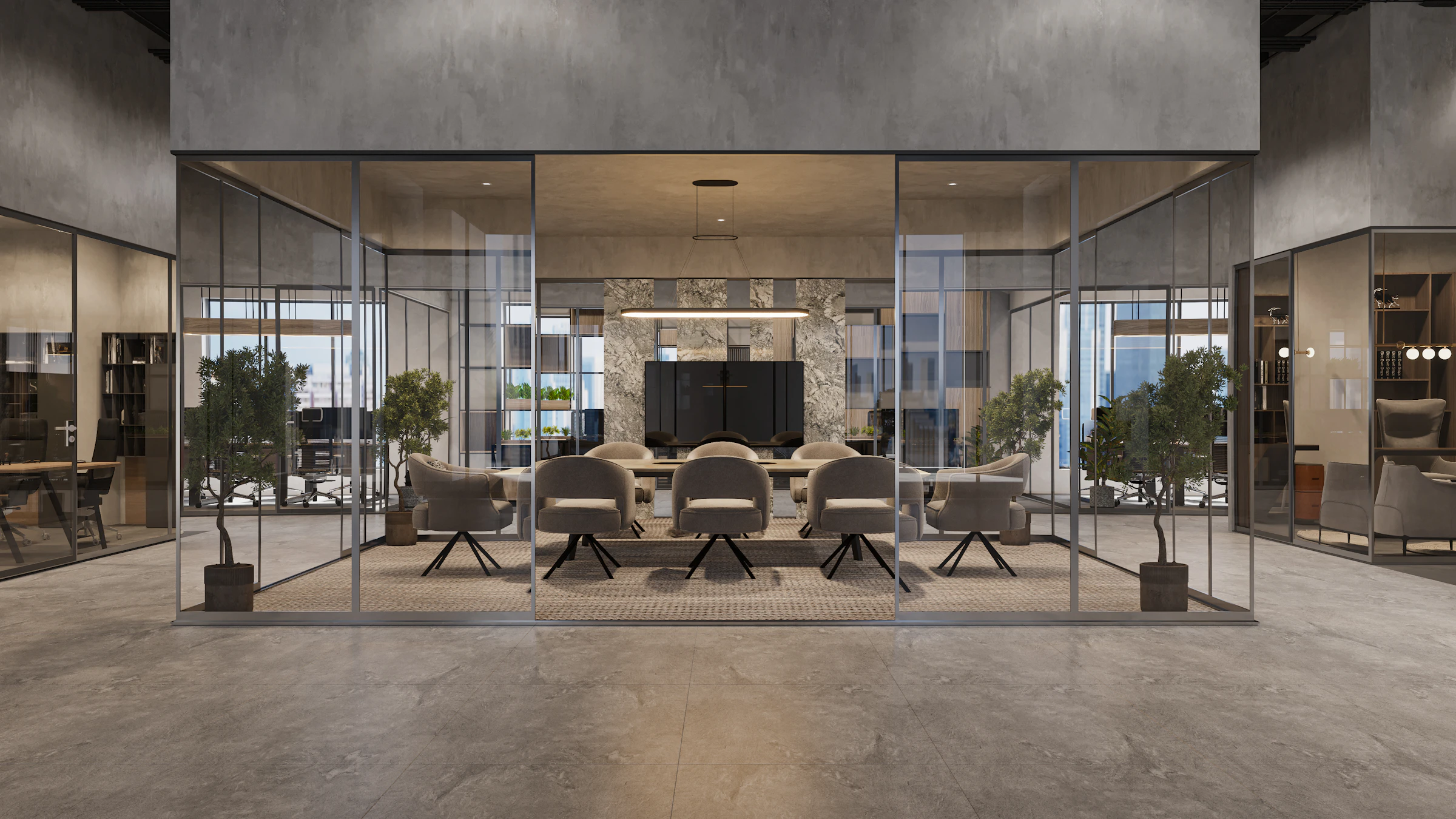 Glass-walled meeting room in a modern office