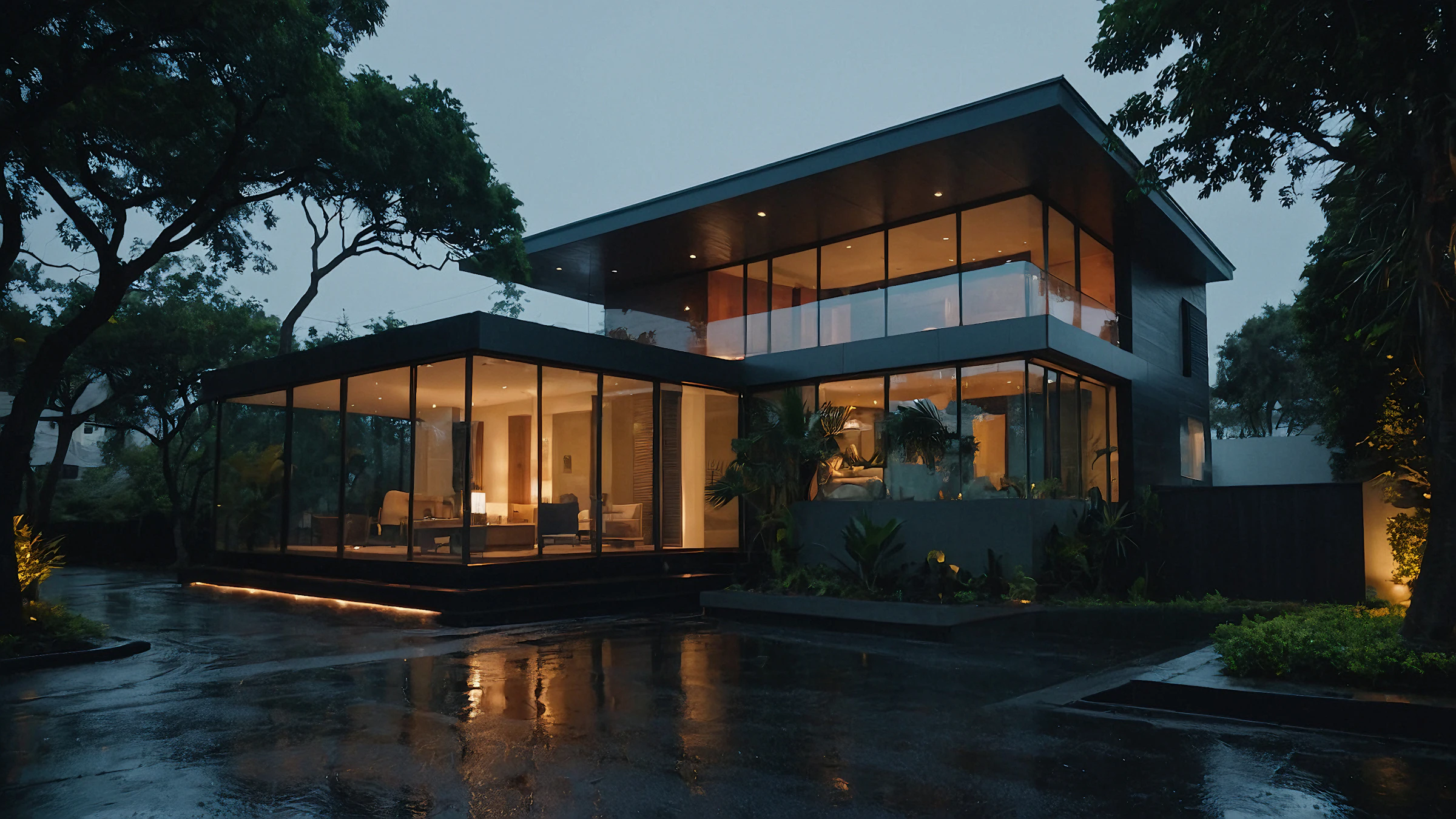 Modern glass villa illuminated at dusk
